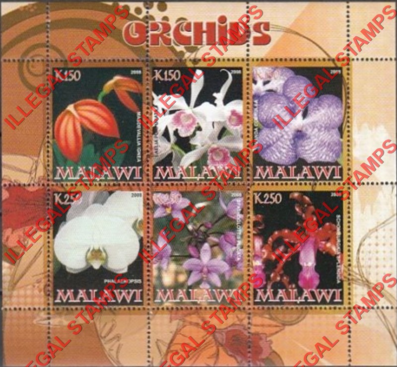 Malawi 2008 Orchids Illegal Stamp Souvenir Sheet of 6