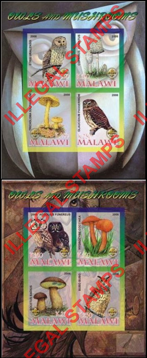 Malawi 2008 Owls and Mushrooms Illegal Stamp Souvenir Sheets of 4