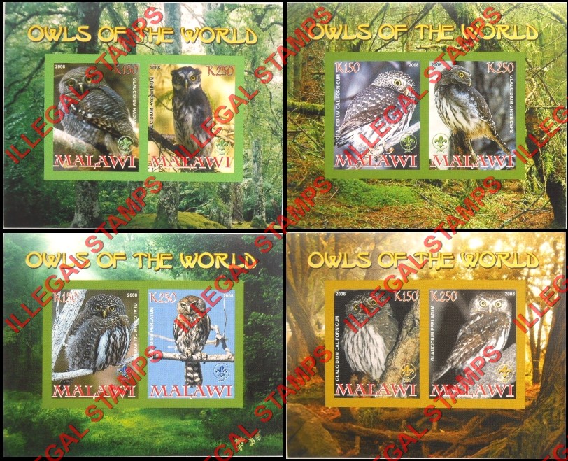 Malawi 2008 Owls of the World Illegal Stamp Souvenir Sheets of 2 (Part 1)