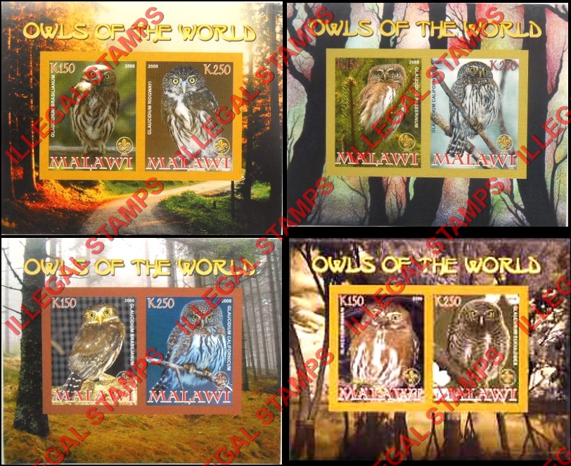 Malawi 2008 Owls of the World Illegal Stamp Souvenir Sheets of 2 (Part 2)