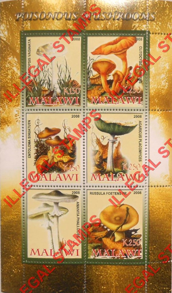 Malawi 2008 Poisonous Mushrooms Illegal Stamp Souvenir Sheet of 6