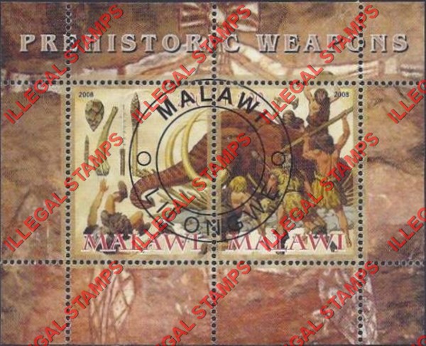 Malawi 2008 Prehistoric Weapons Illegal Stamp Souvenir Sheet of 2