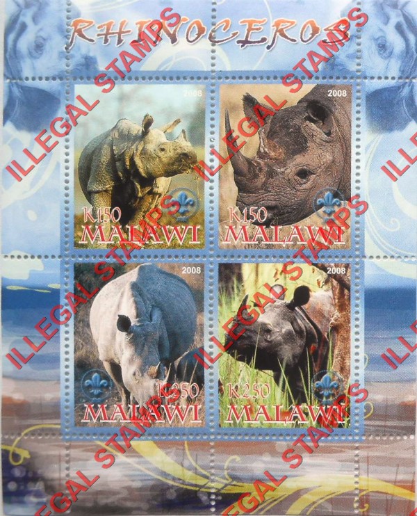 Malawi 2008 Rhinoceros Illegal Stamp Souvenir Sheet of 4