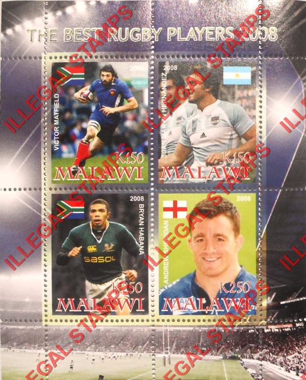 Malawi 2008 Rugby Best Players Illegal Stamp Souvenir Sheet of 4