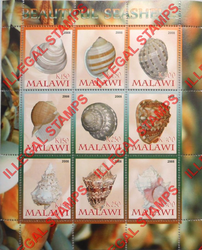 Malawi 2008 Sea Shells Illegal Stamp Sheetlet of 9