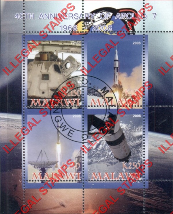 Malawi 2008 Space Apollo 7 Illegal Stamp Souvenir Sheet of 4