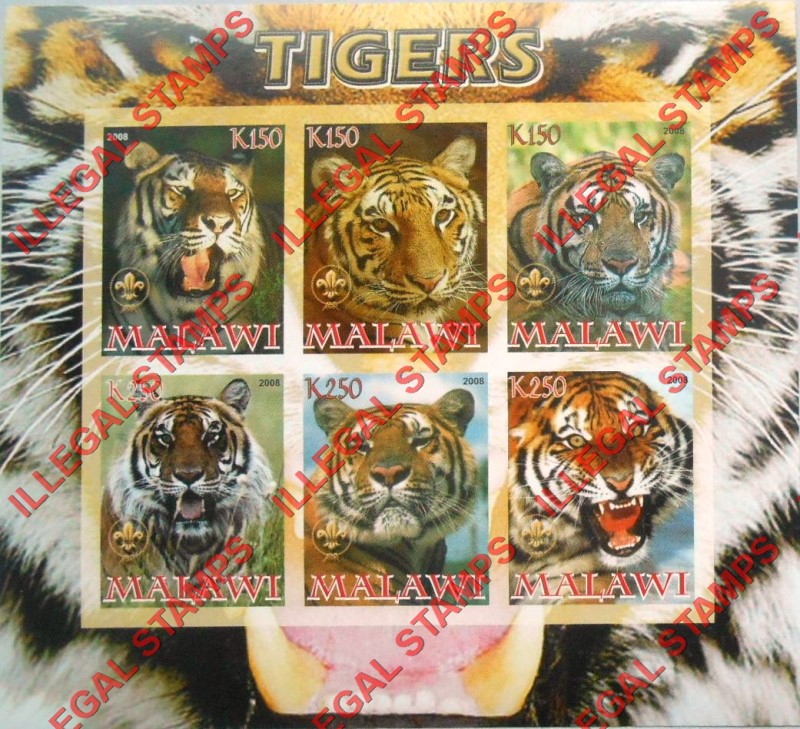 Malawi 2008 Tigers Illegal Stamp Souvenir Sheet of 6