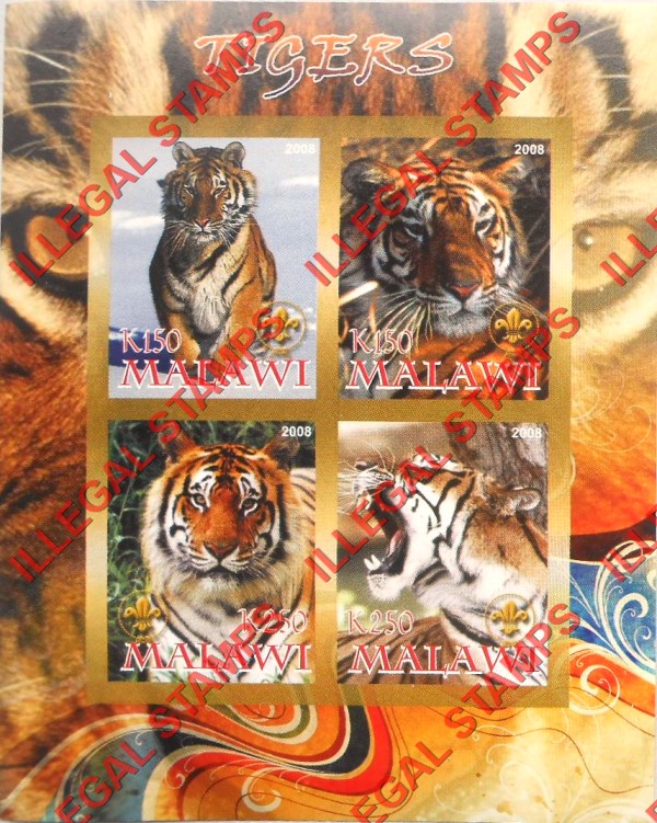Malawi 2008 Tigers Illegal Stamp Souvenir Sheet of 4
