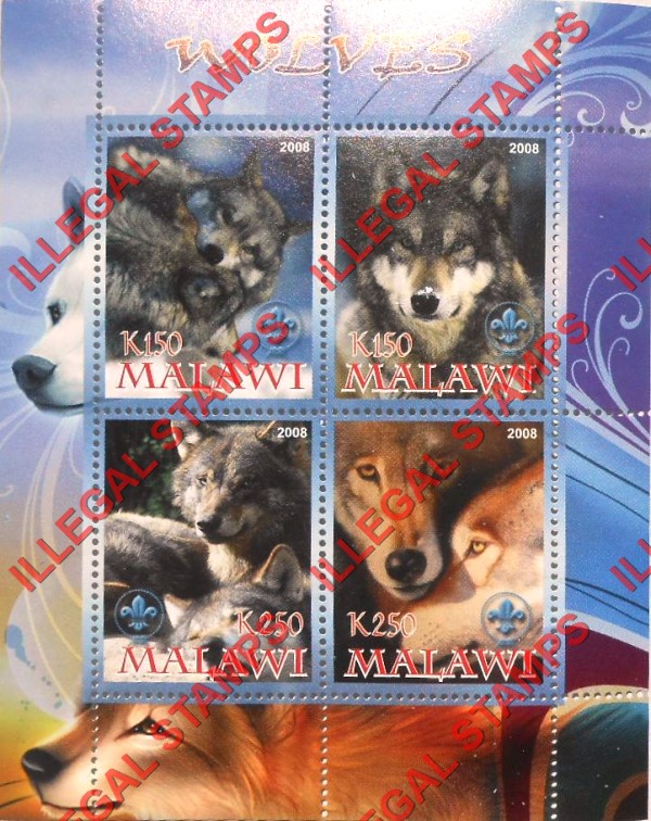 Malawi 2008 Wolves Illegal Stamp Souvenir Sheet of 4