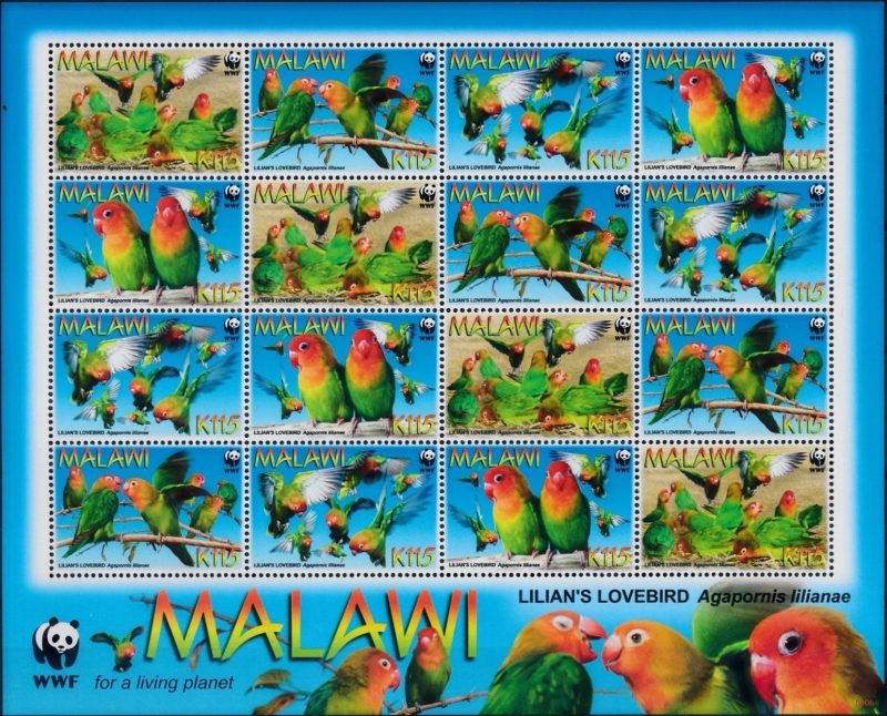 Malawi 2009 Lilian's Lovebirds WWF Sheetlet of 16 Scott 751