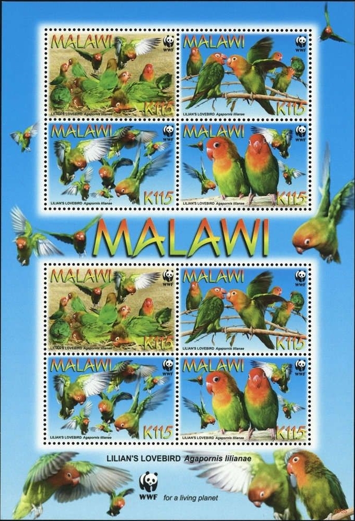 Malawi 2009 Lilian's Lovebirds WWF Souvenir Sheet of 8 Scott 751e