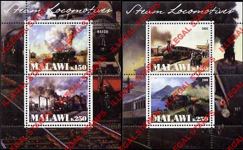 Malawi 2009 Locomotives Steam Illegal Stamp Souvenir Sheets of 2