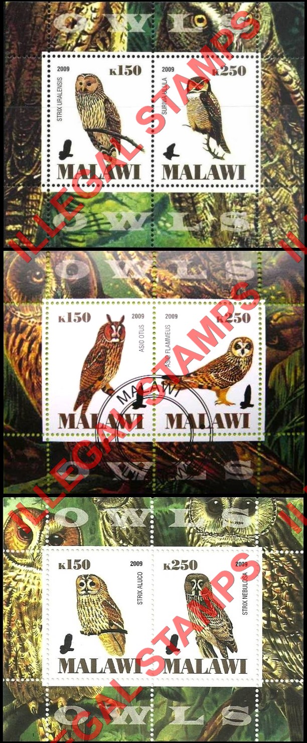 Malawi 2009 Owls Illegal Stamp Souvenir Sheets of 2