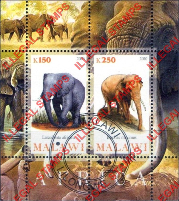 Malawi 2010 Africa Elephants Illegal Stamp Souvenir Sheet of 2