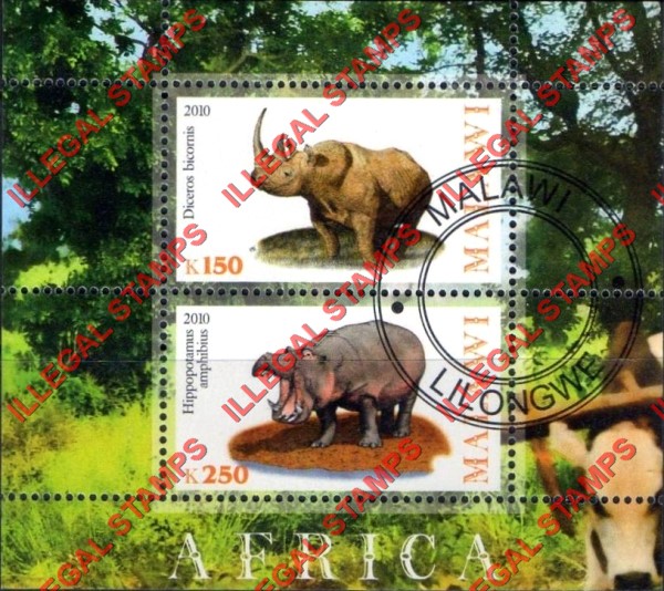 Malawi 2010 Africa Rhinoceros and Hippopotamus Illegal Stamp Souvenir Sheet of 2