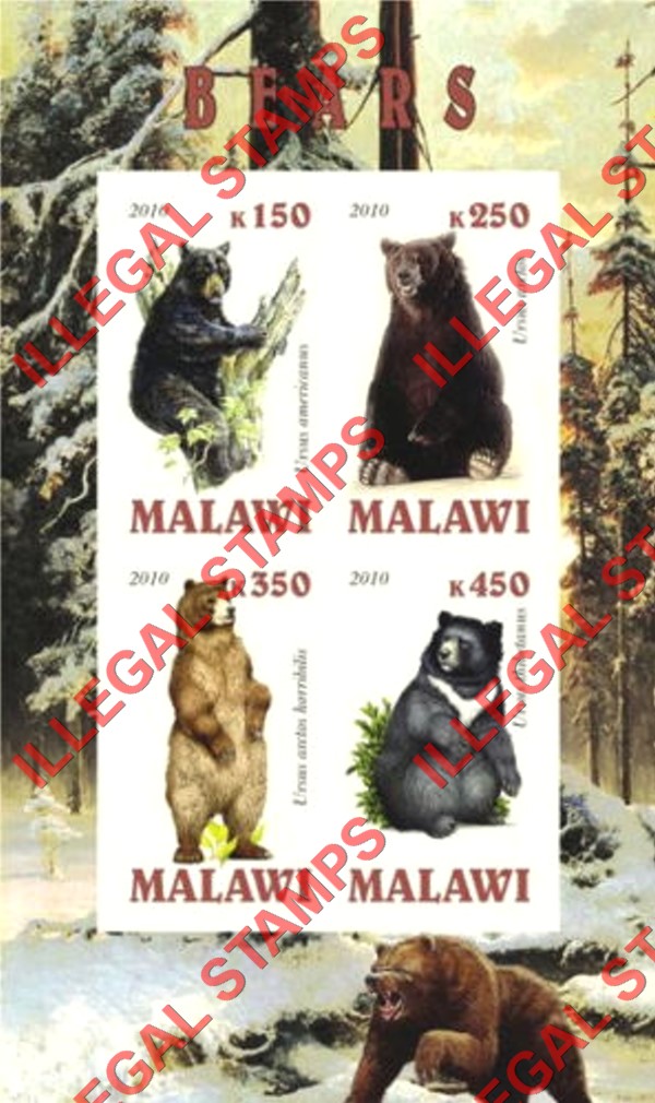 Malawi 2010 Bears Illegal Stamp Souvenir Sheet of 4