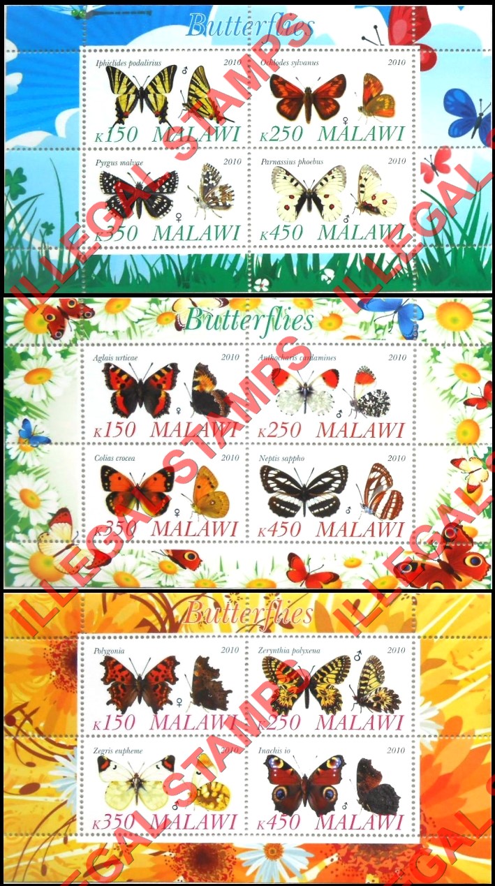 Malawi 2010 Butterflies Illegal Stamp Souvenir Sheets of 4 (Part 1)