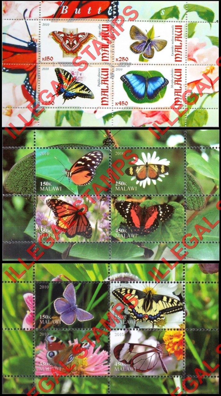 Malawi 2010 Butterflies Illegal Stamp Souvenir Sheets of 4 (Part 2)