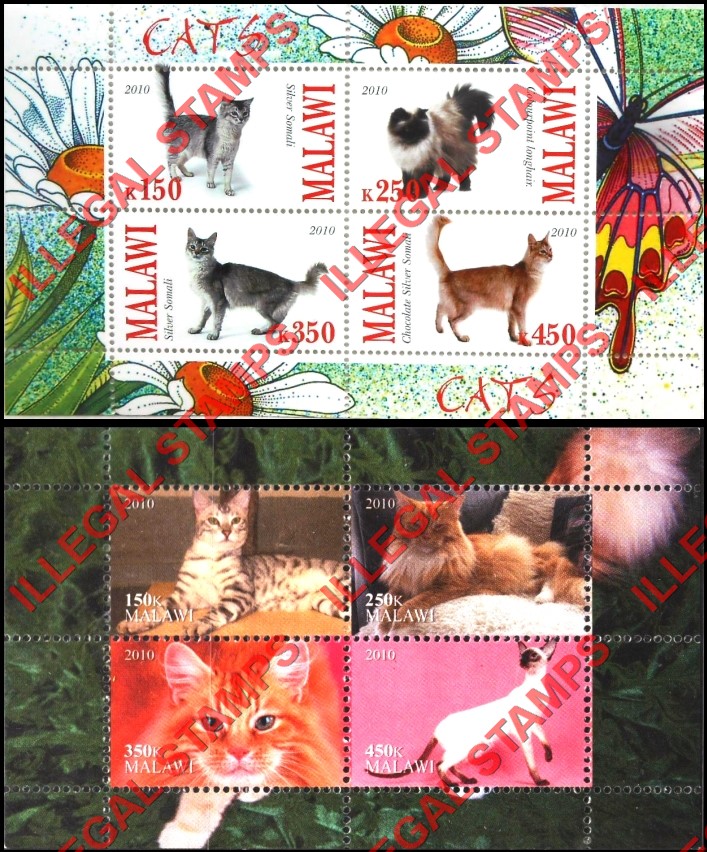 Malawi 2010 Cats Illegal Stamp Souvenir Sheets of 4