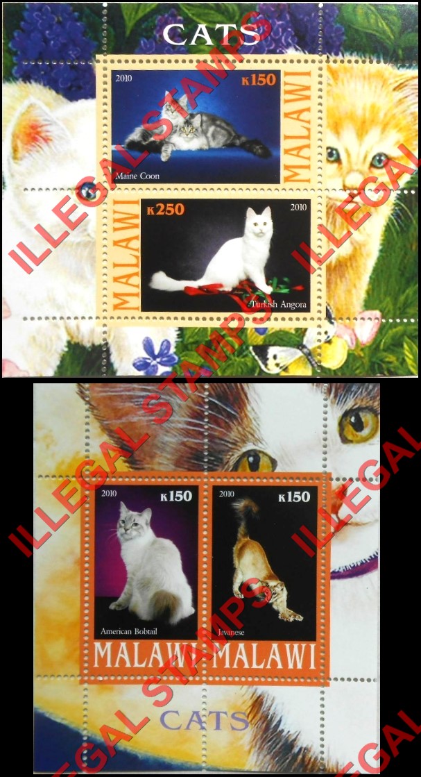 Malawi 2010 Cats Illegal Stamp Souvenir Sheets of 2 (Part 1)