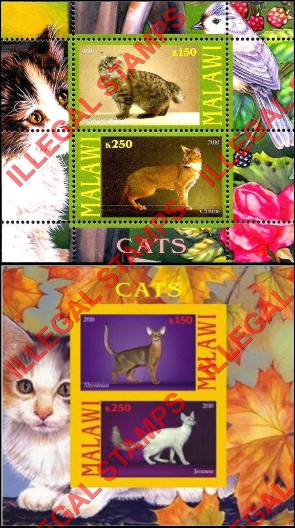 Malawi 2010 Cats Illegal Stamp Souvenir Sheets of 2 (Part 2)