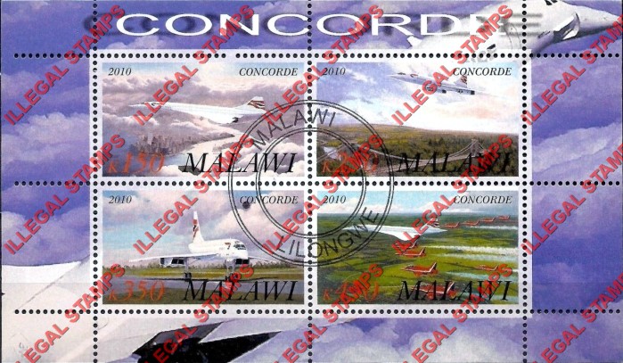 Malawi 2010 Concorde Illegal Stamp Souvenir Sheet of 4