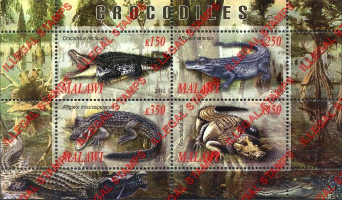 Malawi 2010 Crocodiles Illegal Stamp Souvenir Sheet of 4