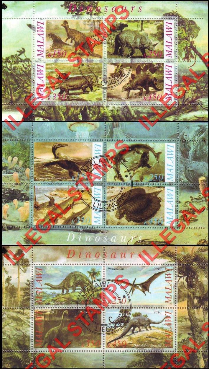 Malawi 2010 Dinosaurs Illegal Stamp Souvenir Sheets of 4 (Part 1)
