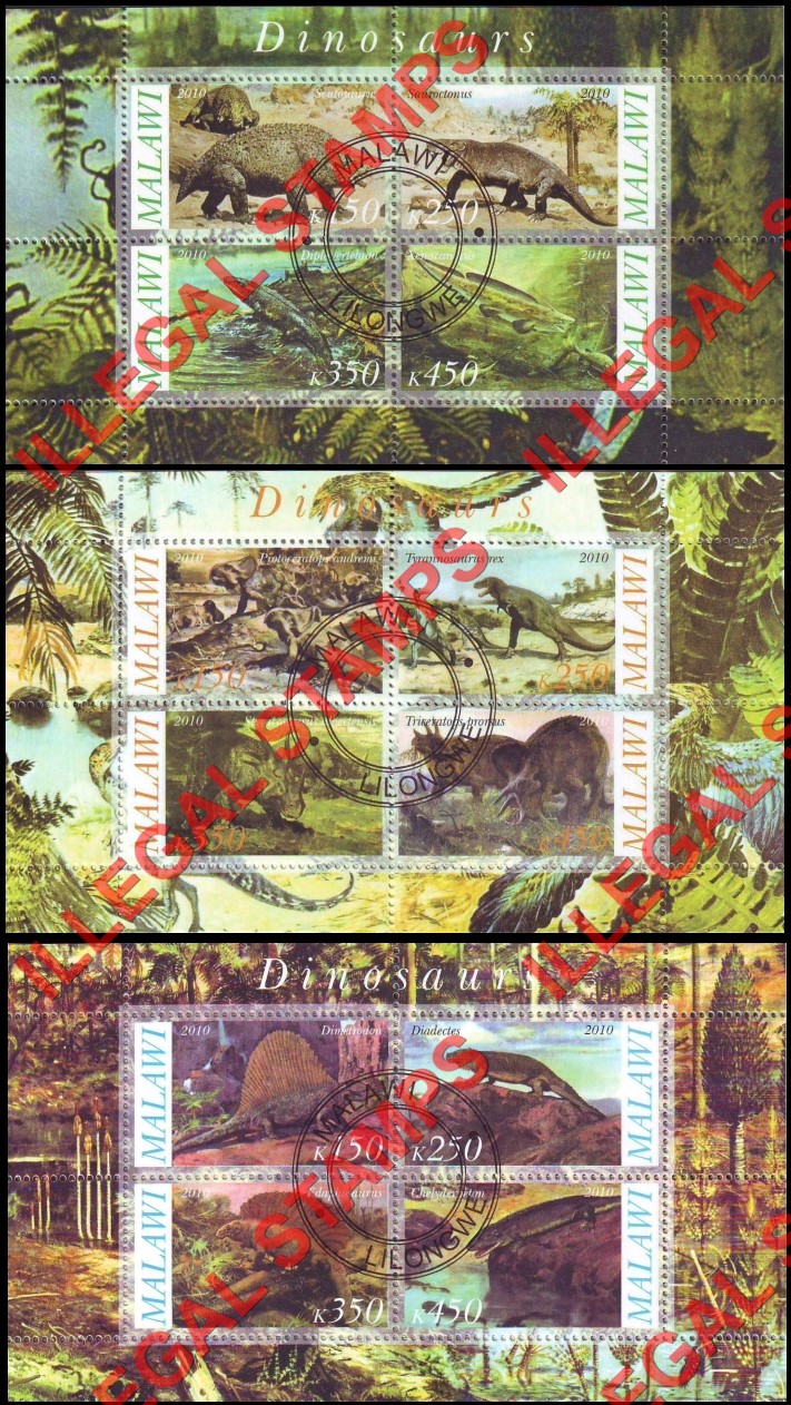 Malawi 2010 Dinosaurs Illegal Stamp Souvenir Sheets of 4 (Part 2)