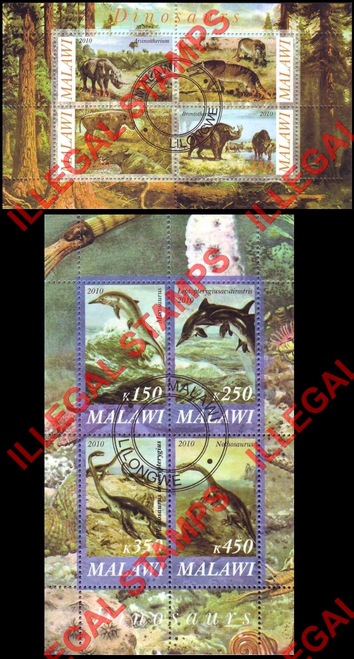 Malawi 2010 Dinosaurs Illegal Stamp Souvenir Sheets of 4 (Part 3)