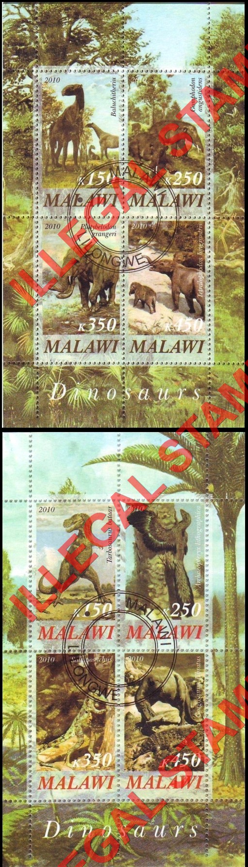 Malawi 2010 Dinosaurs Illegal Stamp Souvenir Sheets of 4 (Part 4)