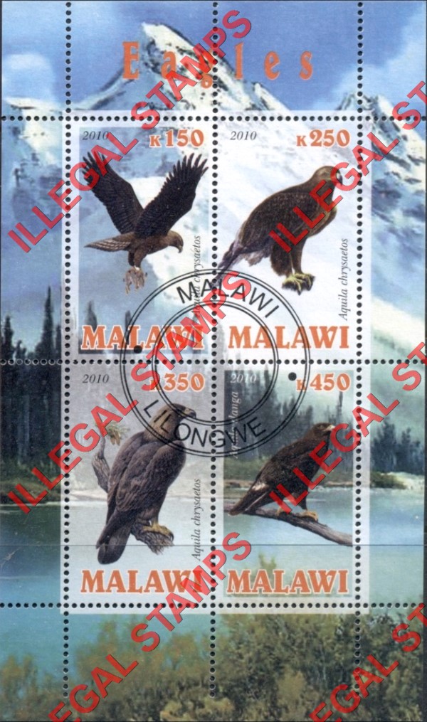Malawi 2010 Eagles Illegal Stamp Souvenir Sheet of 4