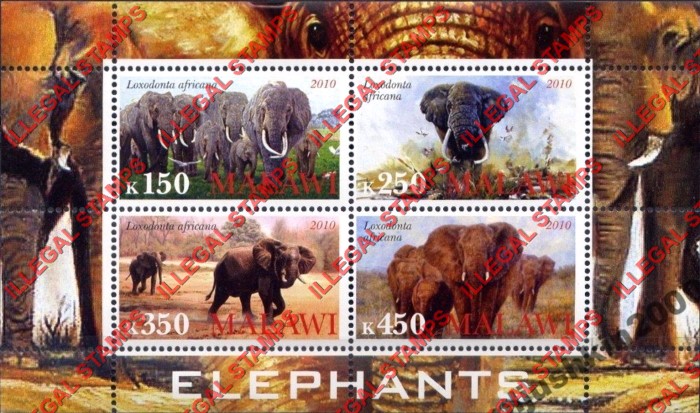 Malawi 2010 Elephants Illegal Stamp Souvenir Sheet of 4