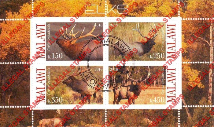 Malawi 2010 Elks Illegal Stamp Souvenir Sheet of 4