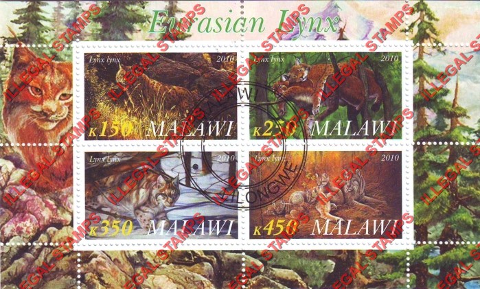 Malawi 2010 Eurasian Lynx Illegal Stamp Souvenir Sheet of 4