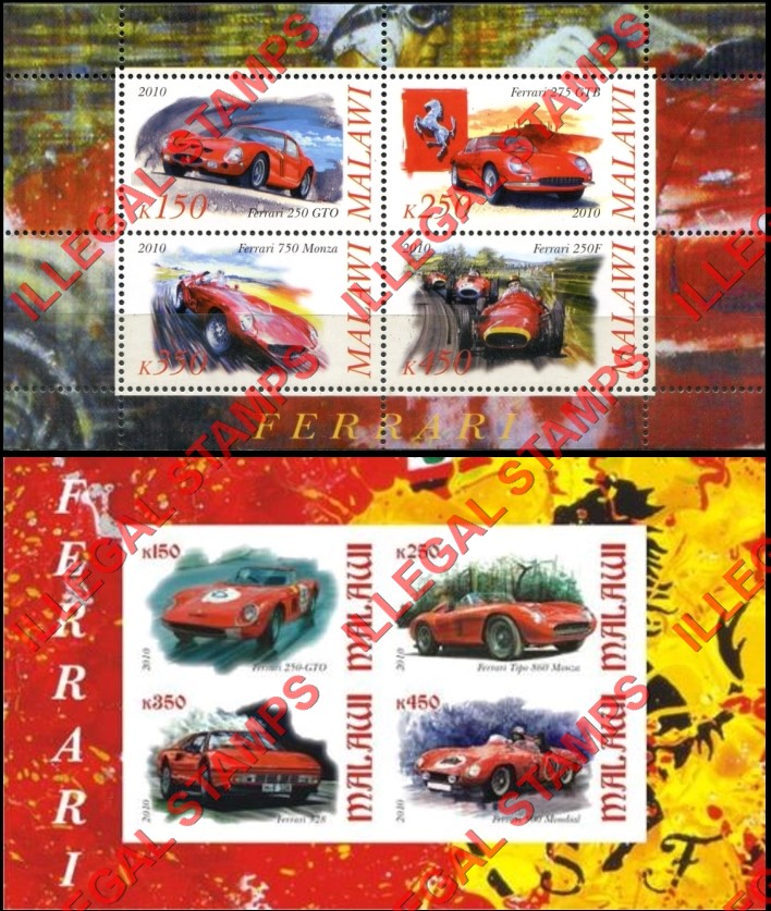 Malawi 2010 Ferrari Illegal Stamp Souvenir Sheets of 4