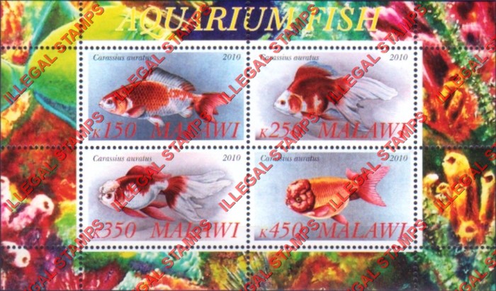 Malawi 2010 Fish (Aquarium) Illegal Stamp Souvenir Sheet of 4