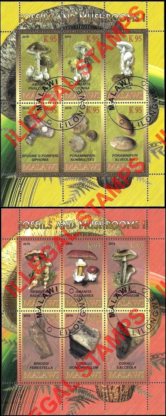 Malawi 2010 Fossils and Mushrooms Illegal Stamp Souvenir Sheets of 6 (Part 1)