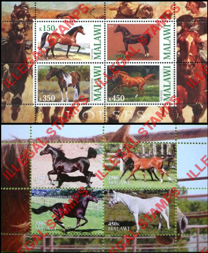 Malawi 2010 Horses Illegal Stamp Souvenir Sheets of 4