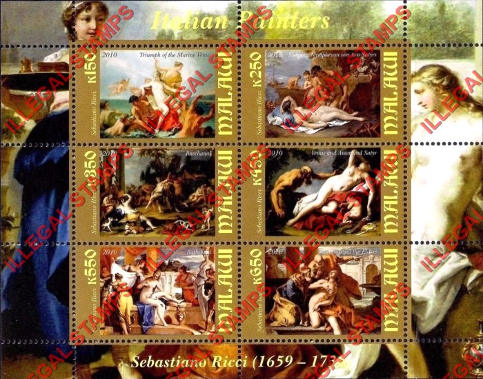 Malawi 2010 Italian Painters Ricci Illegal Stamp Souvenir Sheet of 6