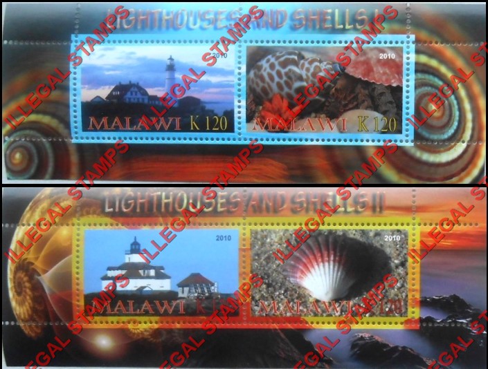 Malawi 2010 Lighthouses and Shells Illegal Stamp Souvenir Sheets of 2