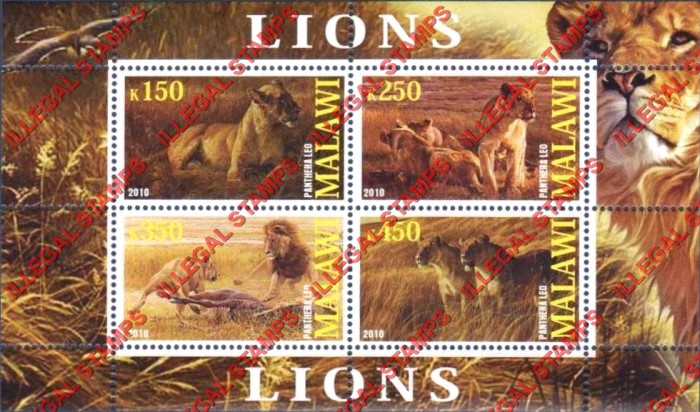 Malawi 2010 Lions Illegal Stamp Souvenir Sheet of 4