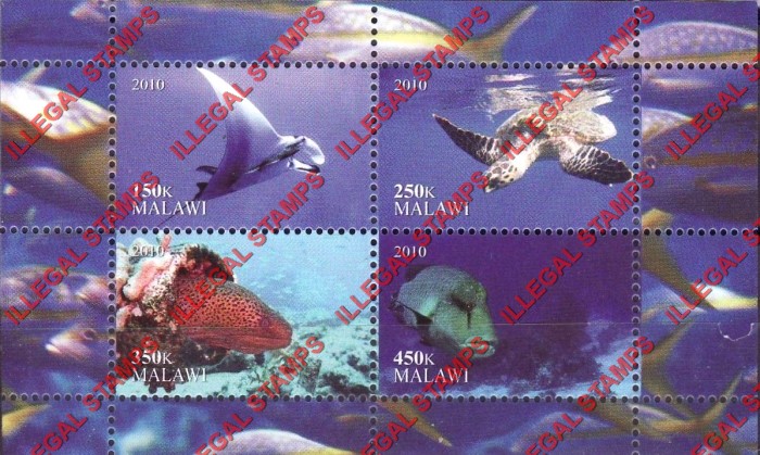 Malawi 2010 Marine Life Illegal Stamp Souvenir Sheet of 4