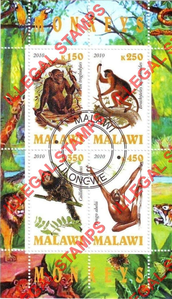 Malawi 2010 Monkeys Illegal Stamp Souvenir Sheet of 4