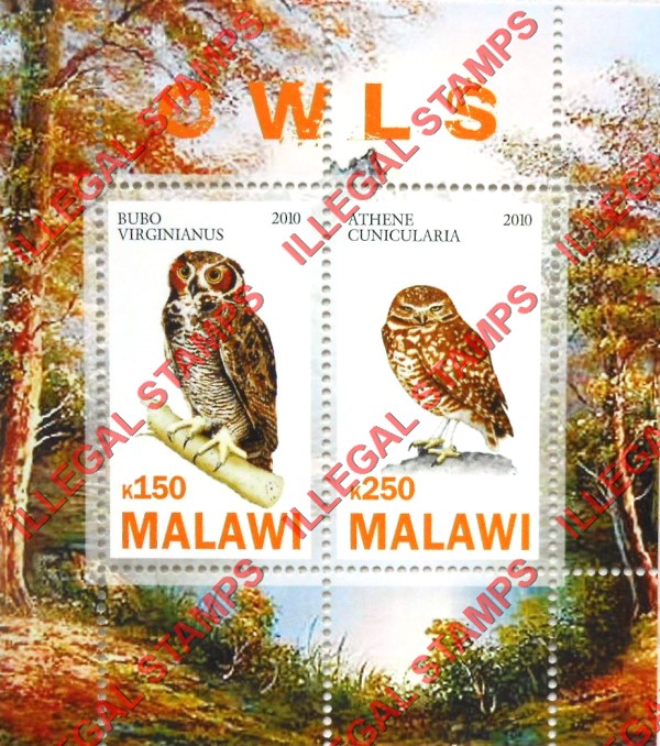 Malawi 2010 Owls Illegal Stamp Souvenir Sheet of 2