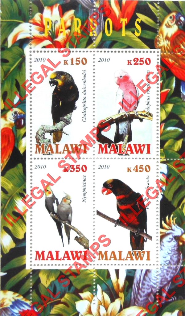 Malawi 2010 Parrots Illegal Stamp Souvenir Sheet of 4