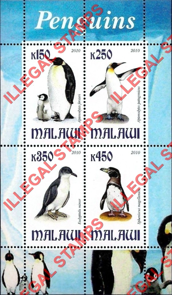 Malawi 2010 Penguins Illegal Stamp Souvenir Sheet of 4
