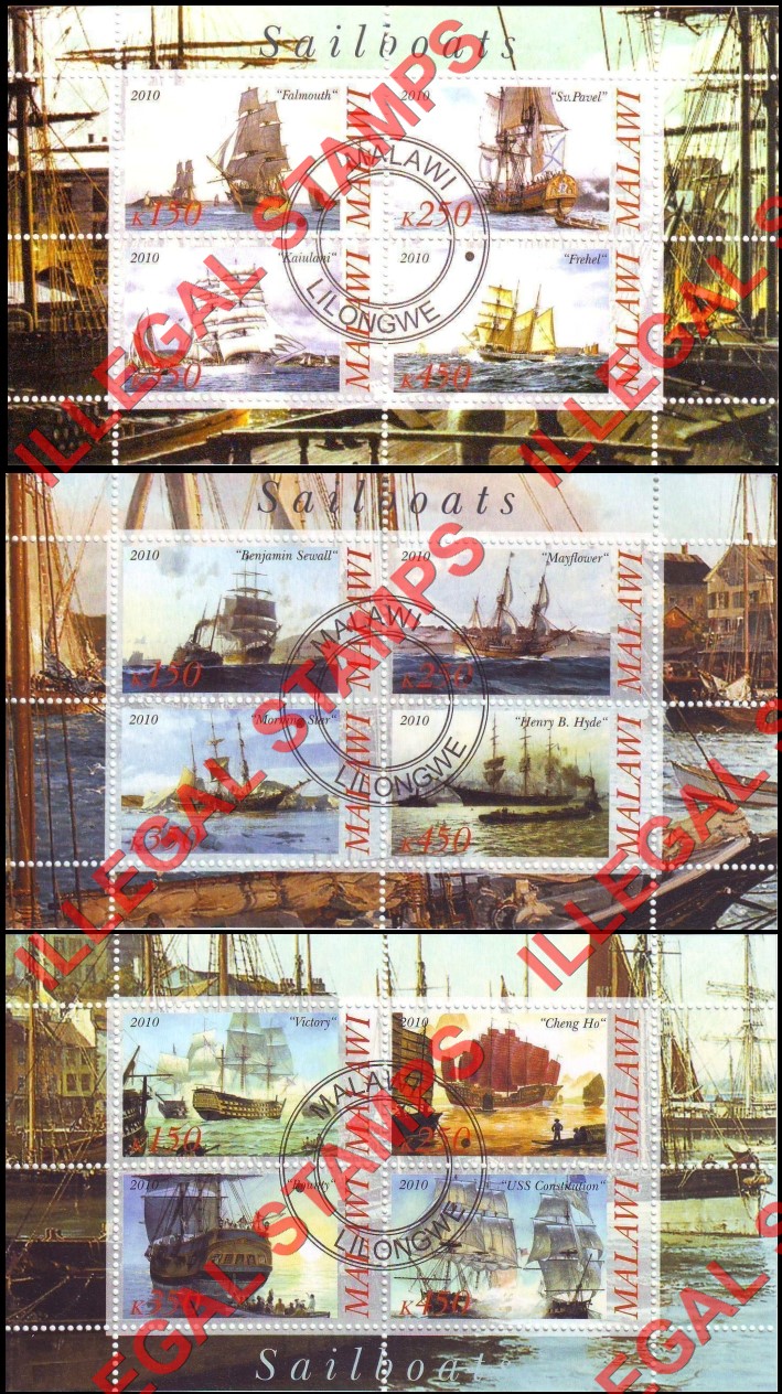 Malawi 2010 Sailboats Sailing Ships Illegal Stamp Souvenir Sheets of 4