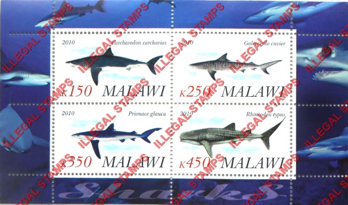 Malawi 2010 Sharks Illegal Stamp Souvenir Sheet of 4