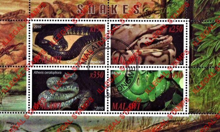 Malawi 2010 Snakes Illegal Stamp Souvenir Sheet of 4